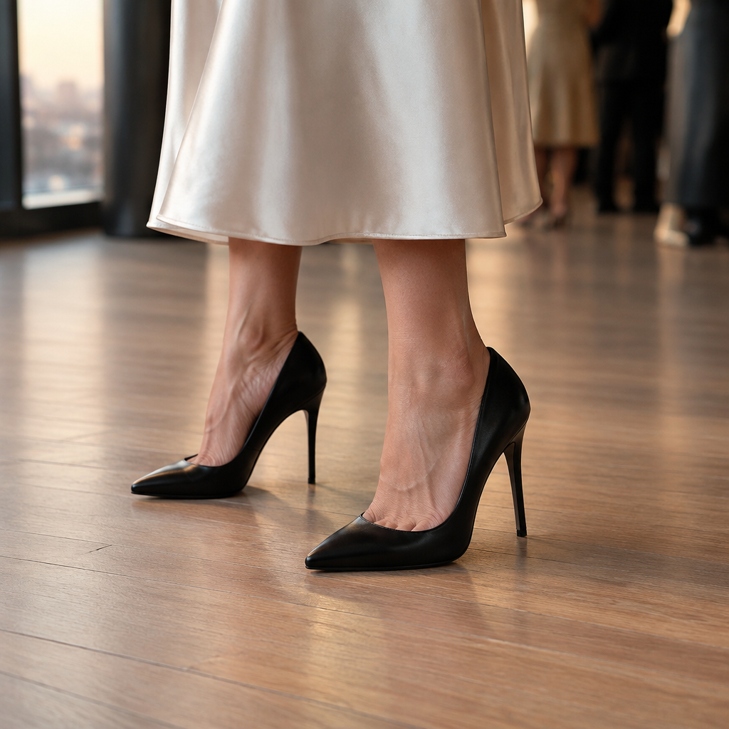 Pies de mujer con tacones altos de aguja negros sobre un piso de madera, en un salón