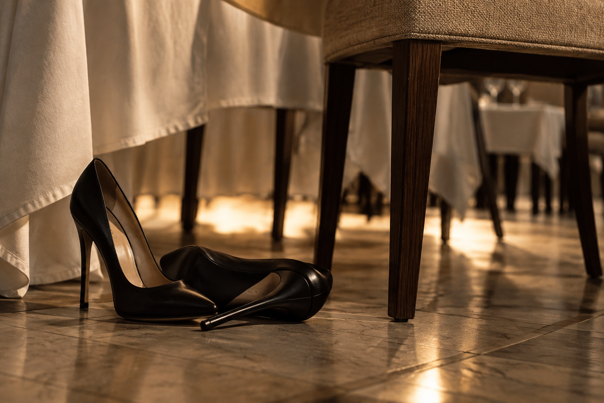 Un par de tacones altos quitados debajo de la mesa de un salón de eventos
