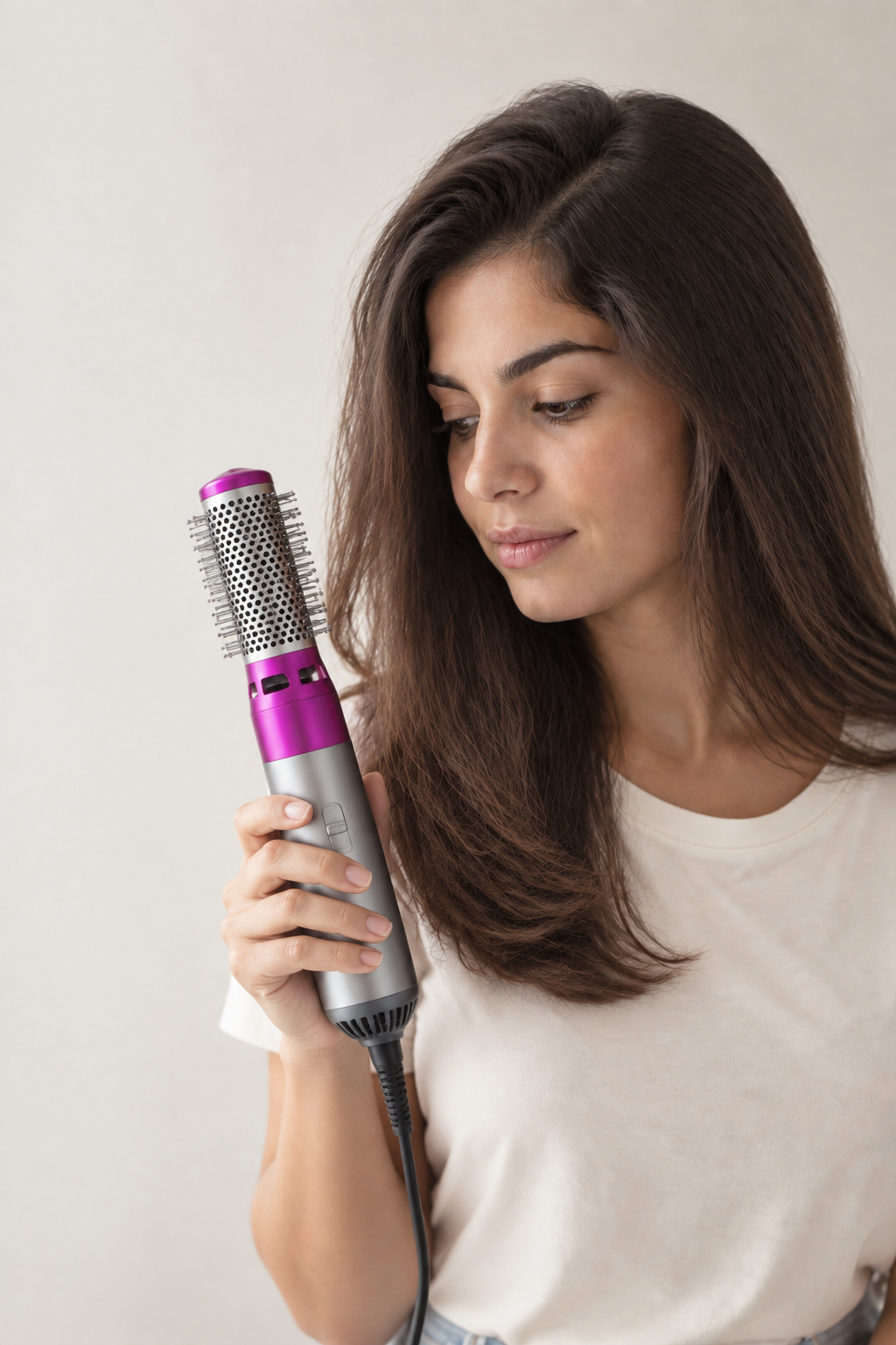 Cabello liso con volumen suave, recién moldeado con el cepillo secador 5 en 1