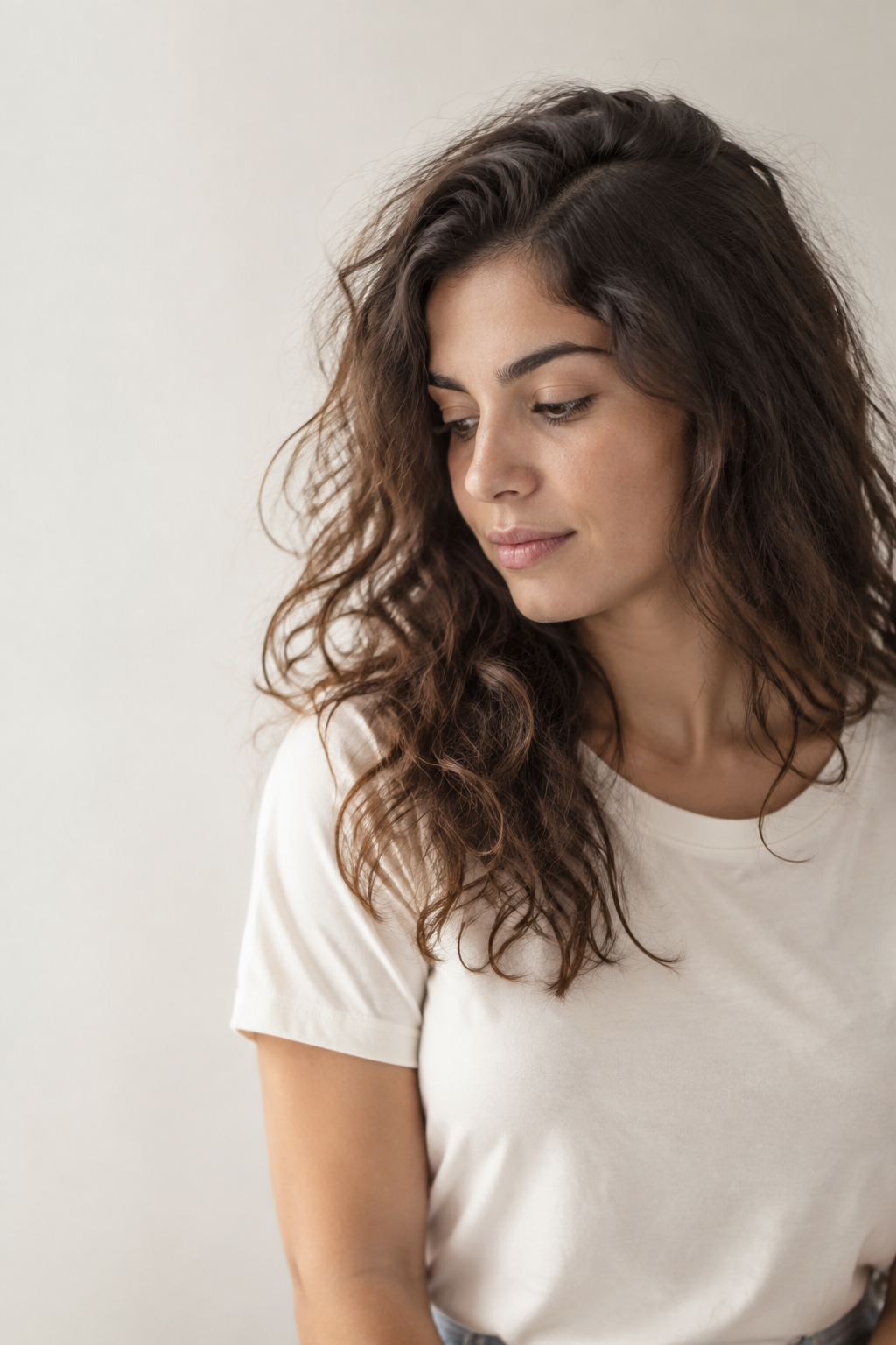 Cabello ondulado con frizz, recién lavado, sin peinar