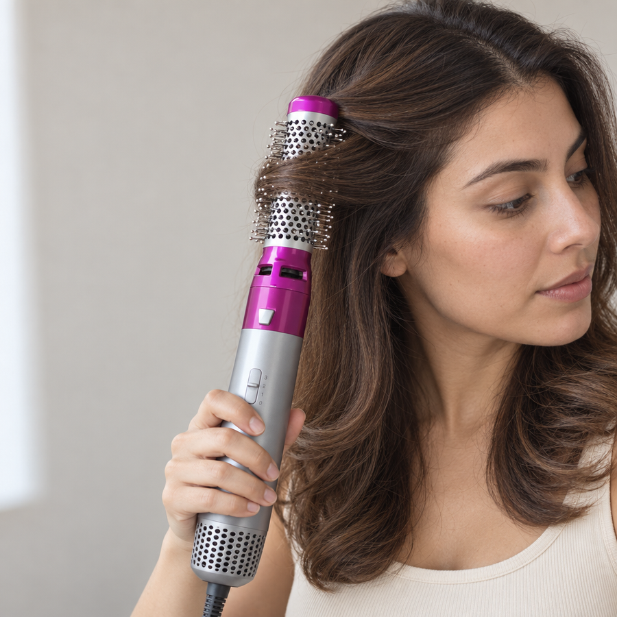 Mujer moldeando un mechón de cabello con el cepillo secador 5 en 1