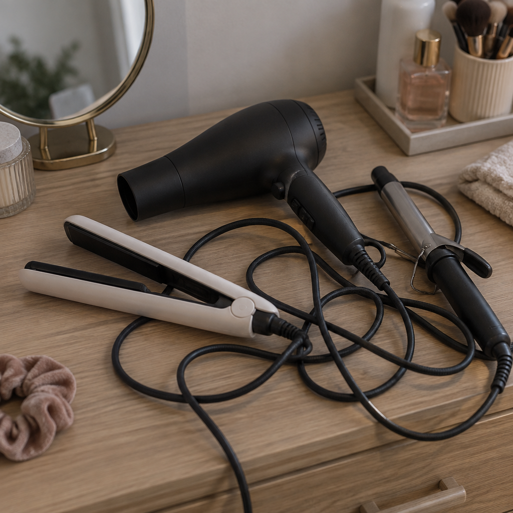 Secador, plancha y tenaza genéricos con los cables enredados sobre un tocador