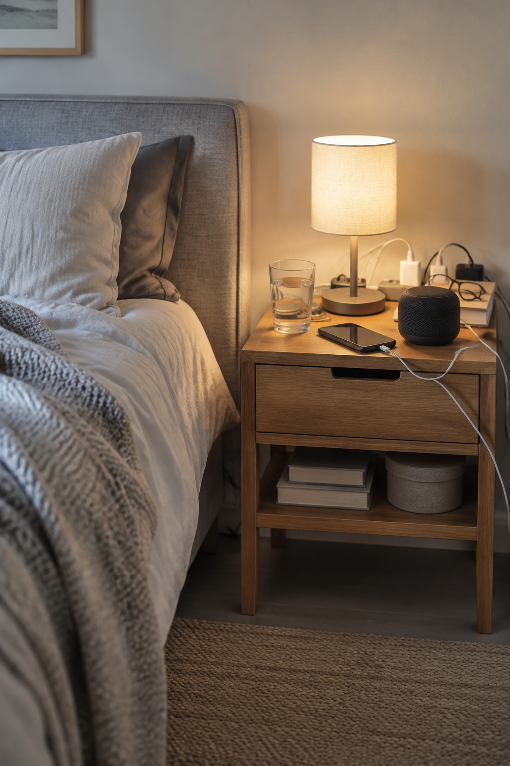 Mesa de noche corriente llena de cables, lámpara y parlante